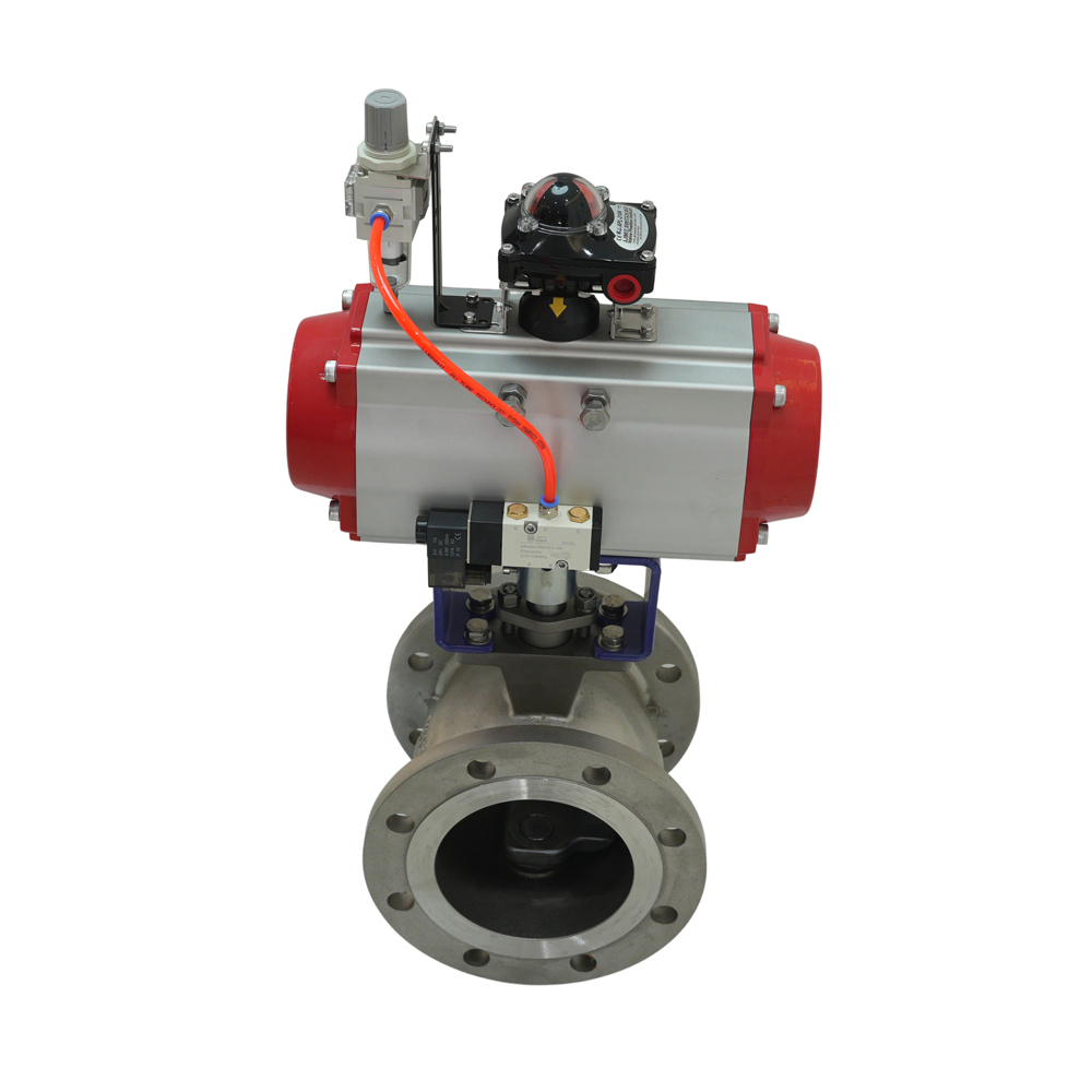 Flange End DN25-DN500 Pneumatic Actuator V-shaped Stainless Steel Ball Valve with Triple Fittings