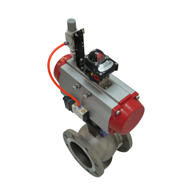 Flange End DN25-DN500 Pneumatic Actuator V-shaped Stainless Steel Ball Valve with Triple Fittings