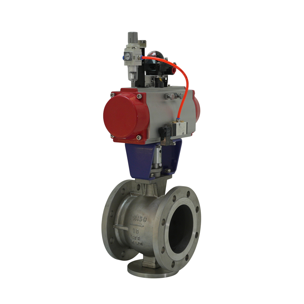 Flange End DN25-DN500 Pneumatic Actuator V-shaped Stainless Steel Ball Valve with Triple Fittings