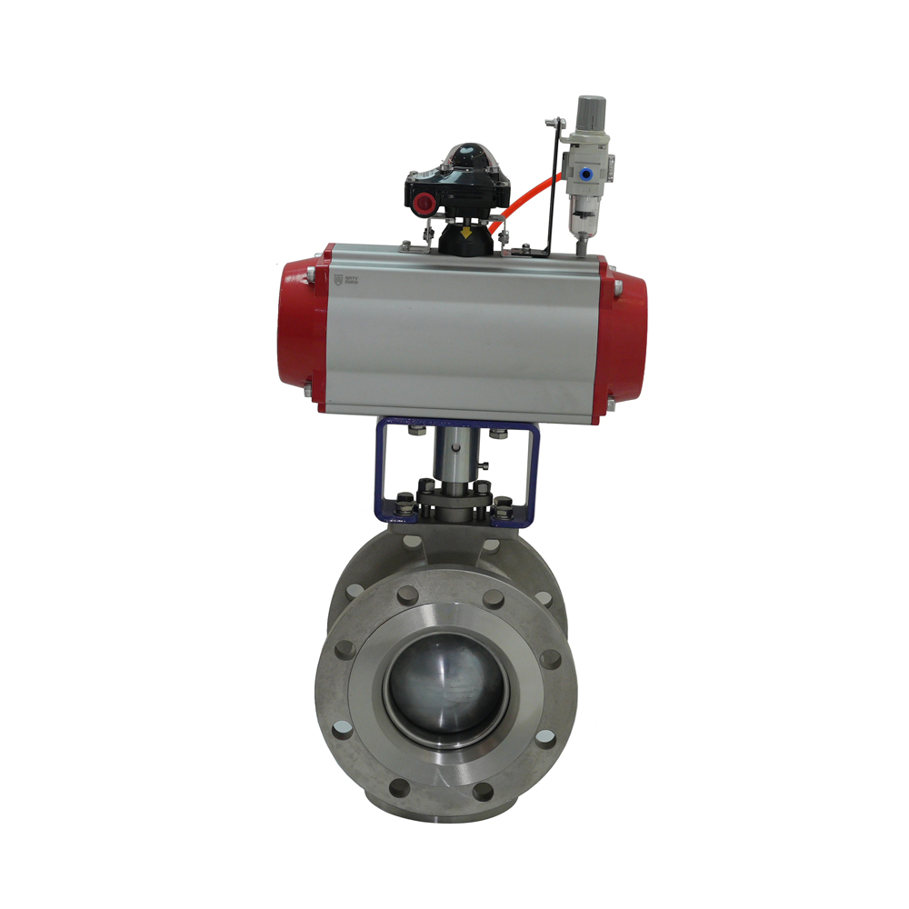 Flange End DN25-DN500 Pneumatic Actuator V-shaped Stainless Steel Ball Valve with Triple Fittings